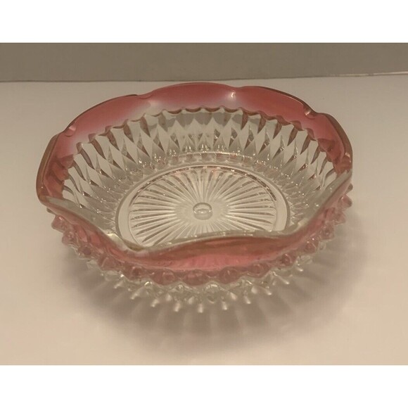 Vintage Pink Rim Crystal Cut Glass Bowl Set Scalloped Edge Pedestal Compote Dish - Picture 4 of 11